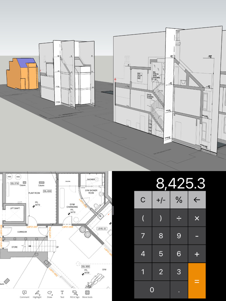 Split screens showing a grab of a model, a part of a drawing, and a calculator